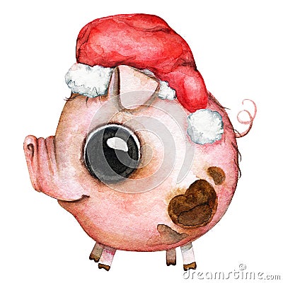 Ð¡artoon round baby pig in a Santa Claus hat Cartoon Illustration